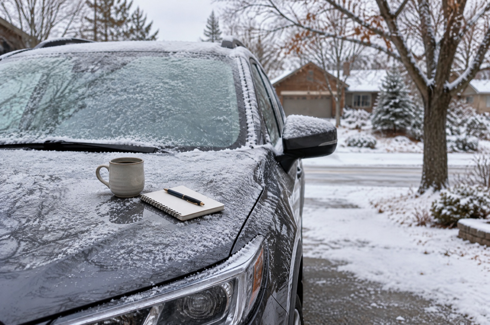 A pocket logbook, pen and coffee mug on the snow-dusted hood of an SUV in a Canadian driveway in early winter, the notebook a three-month sample period runs on