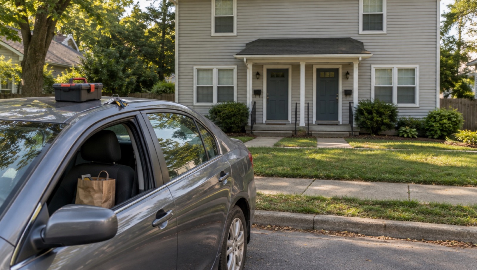 A car parked outside a two-door duplex rental house, with a toolbox and a ring of keys on the roof and a hardware-store bag on the passenger seat