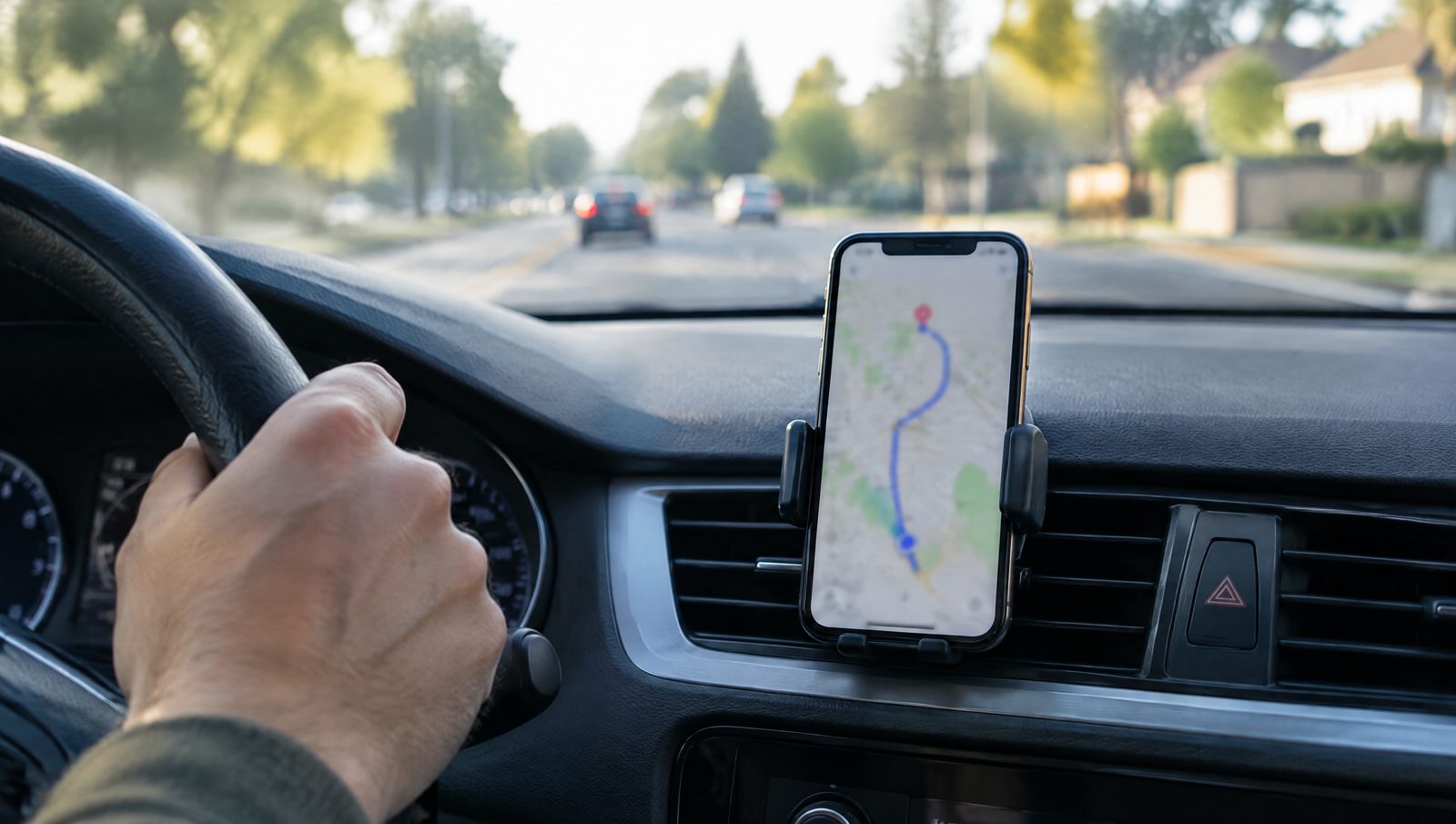 An iPhone in a dashboard mount showing a map, set up before a delivery shift