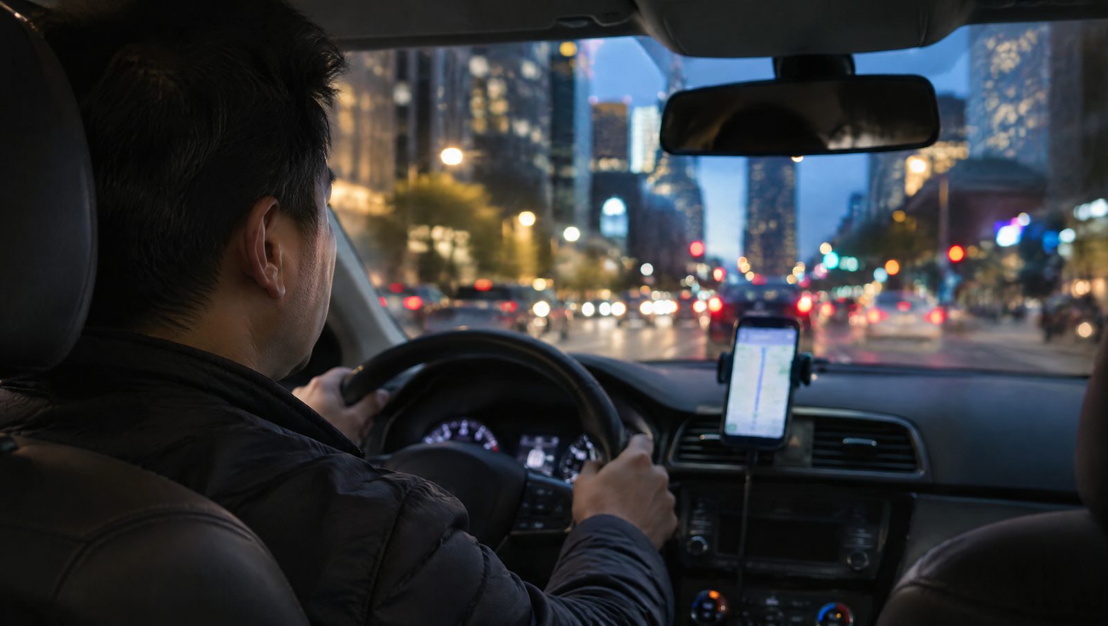 A rideshare driver at the wheel downtown in the evening, a phone map mounted on the dash