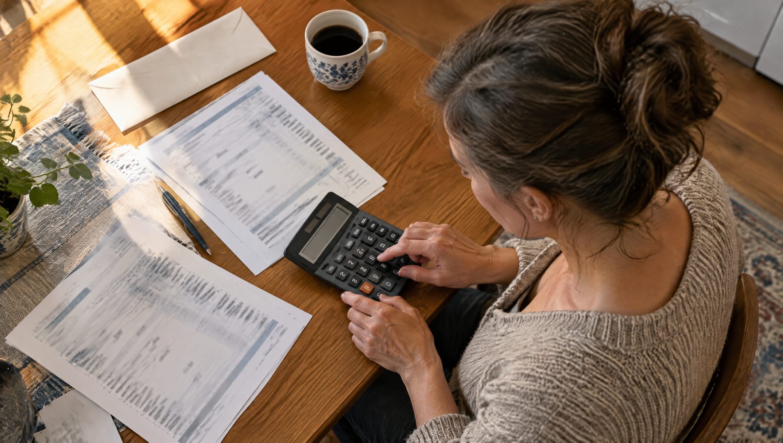A self-employed worker using a calculator on her statements to work out how much of each payout to set aside for taxes