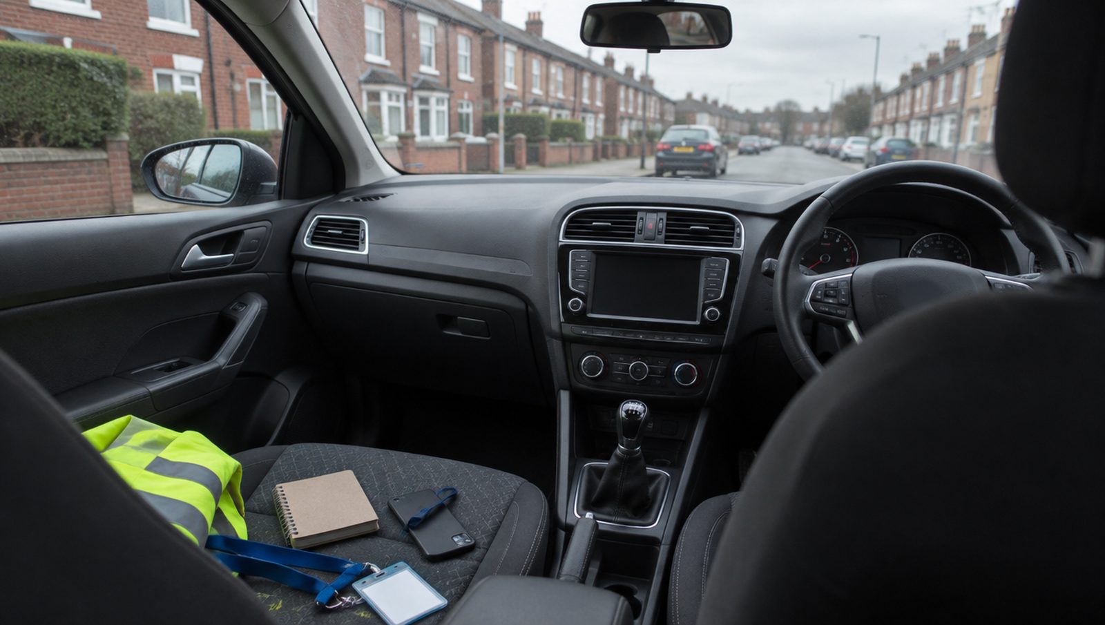 A right-hand-drive car parked on a British terraced street, with a notebook, phone, lanyard and hi-vis jacket on the passenger seat between home visits