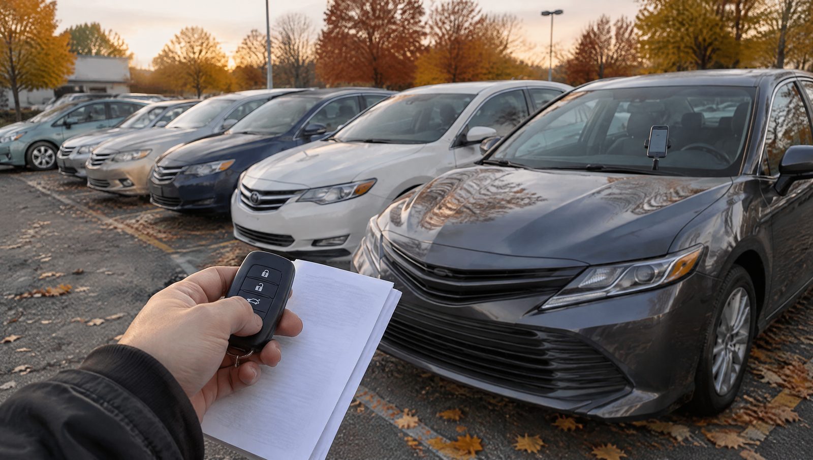 A driver holding a car key fob and purchase papers on a used-car lot in autumn, deciding whether to buy before the end of the year