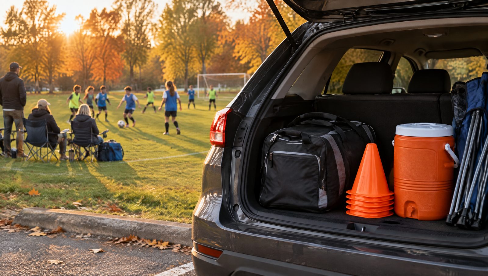 An open car trunk with a sports bag, orange cones and a water jug beside a youth soccer game at golden hour