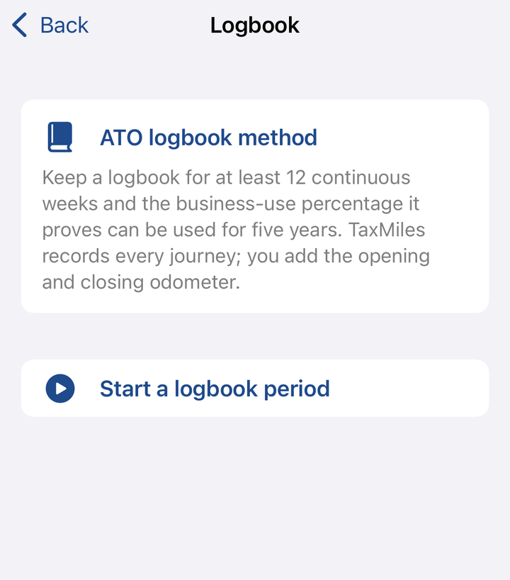 TaxMiles Logbook screen with the region set to Australia, explaining the ATO logbook method and a Start a logbook period button