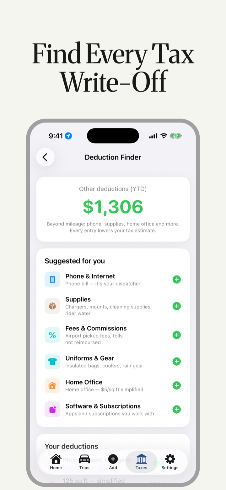 Deduction Finder with $1,306 in non-mileage deductions and suggestions for phone and internet, supplies, fees, uniforms, home office, and software